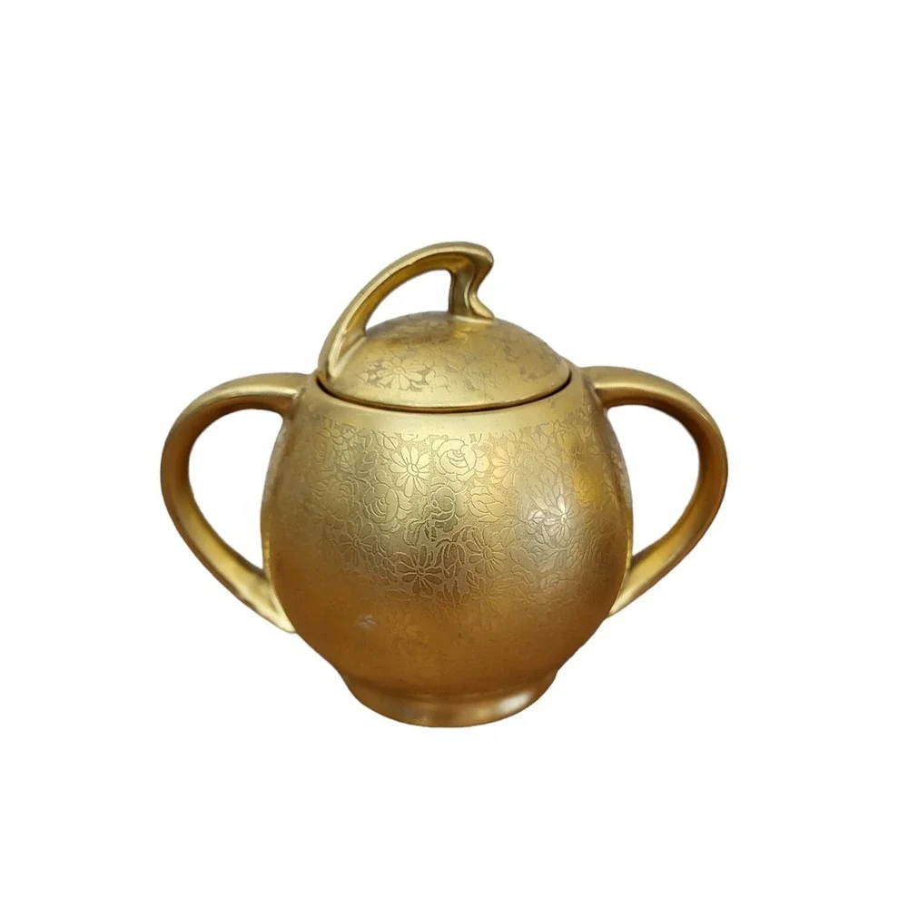 22Kt Gold Gilt Porcelain Osborne Sugar‎ Bowl Creamer Lidded Floral Design Signed